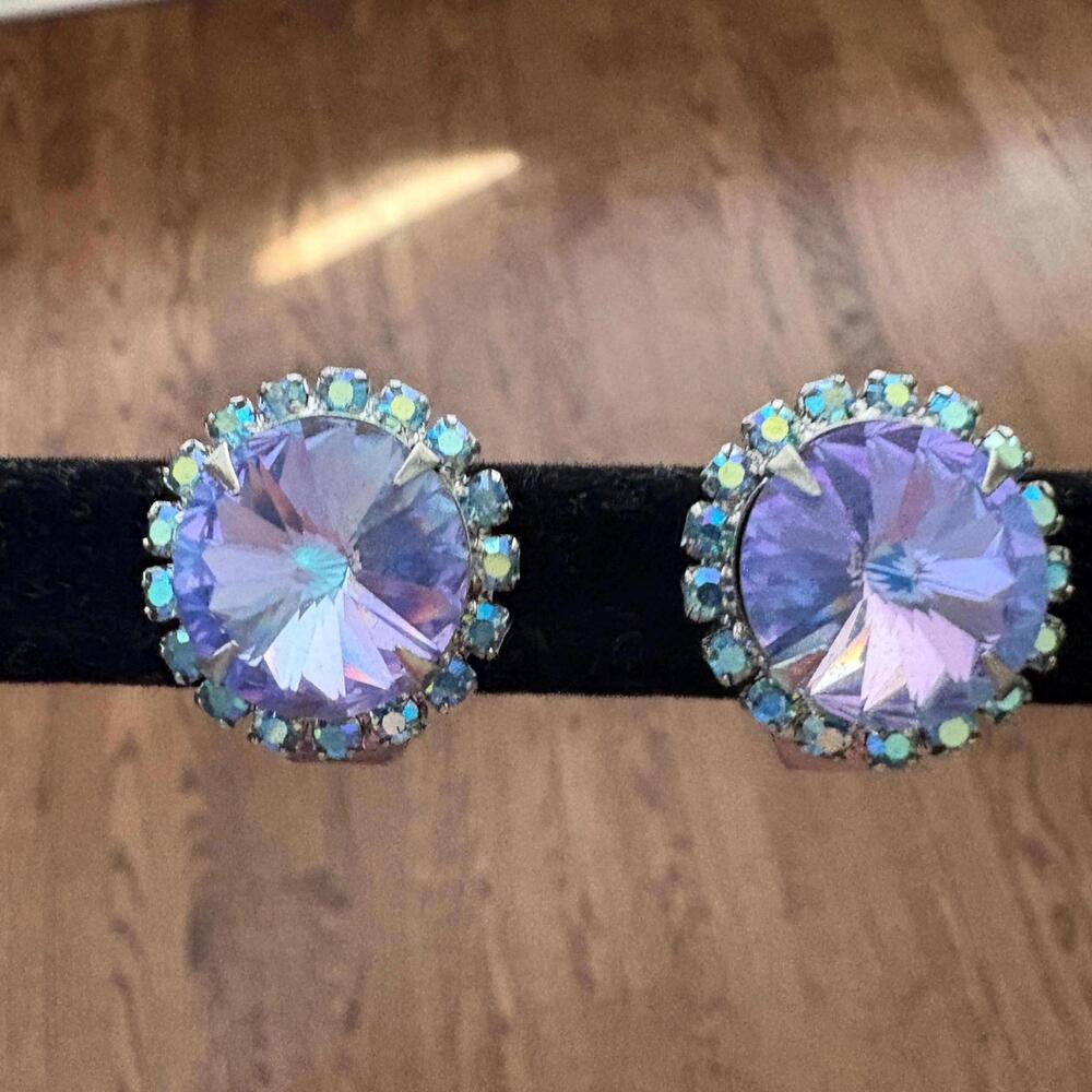 Vintage Rivoli Rhinestone Clip On Silver Tone Earrings Purple & Blue